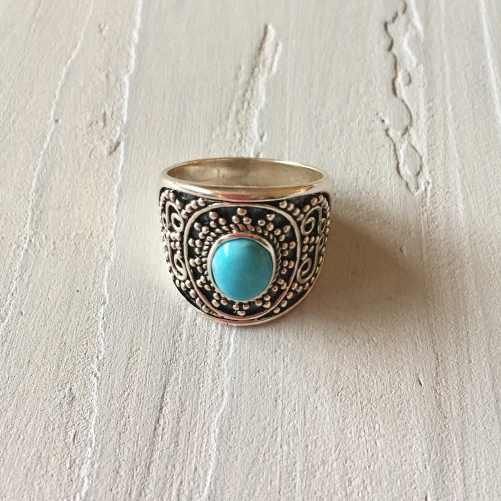 Beaded Design Reconstituted Turquoise Ring